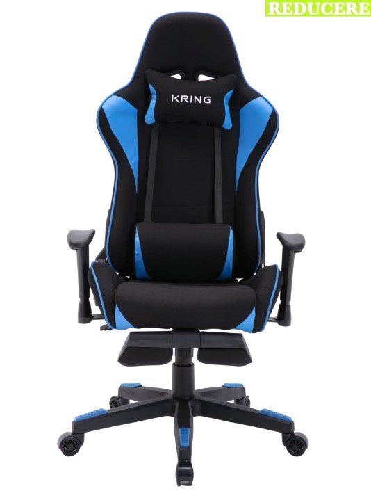 scaun gaming Kring Rush, cu suport lombar si suport pentru picioare, material textil, Negru/Albastru